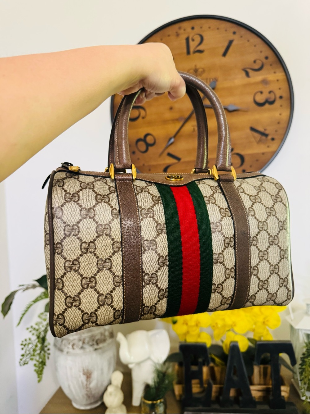 Gucci Beige GG Supreme 27 Satchel with Red & Green Web Stripe